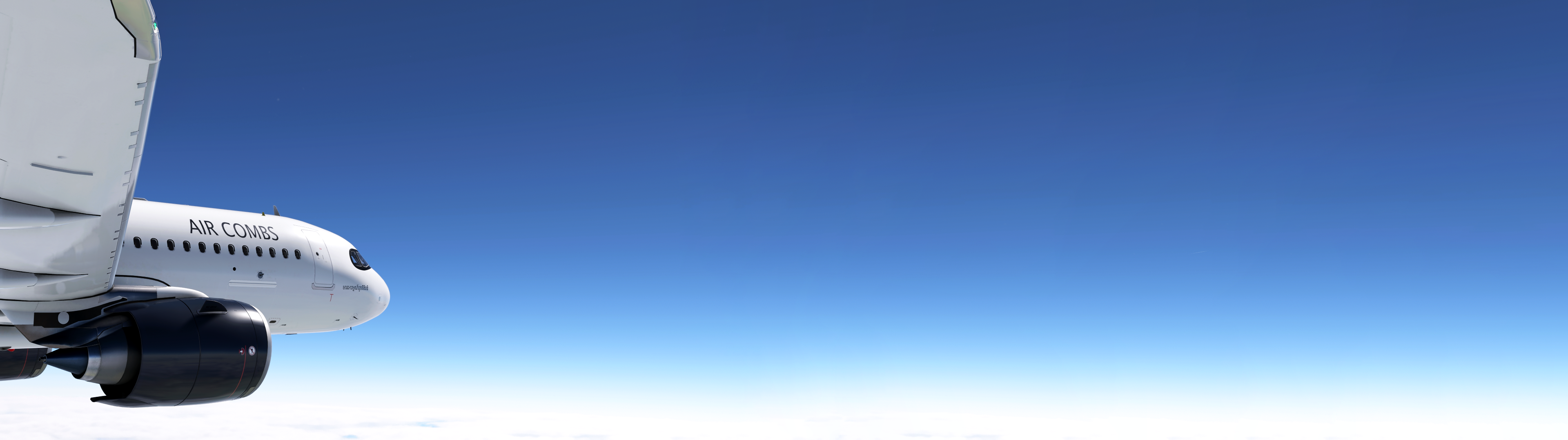 Air Combs A320neo aircraft flying through clear blue skies