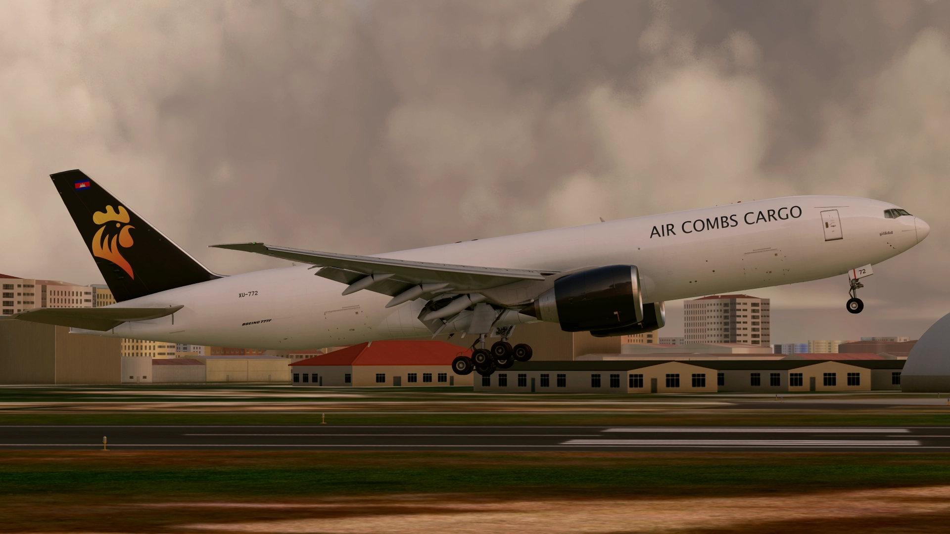 Air Combs Cargo Boeing 777F on short final in bad weather
