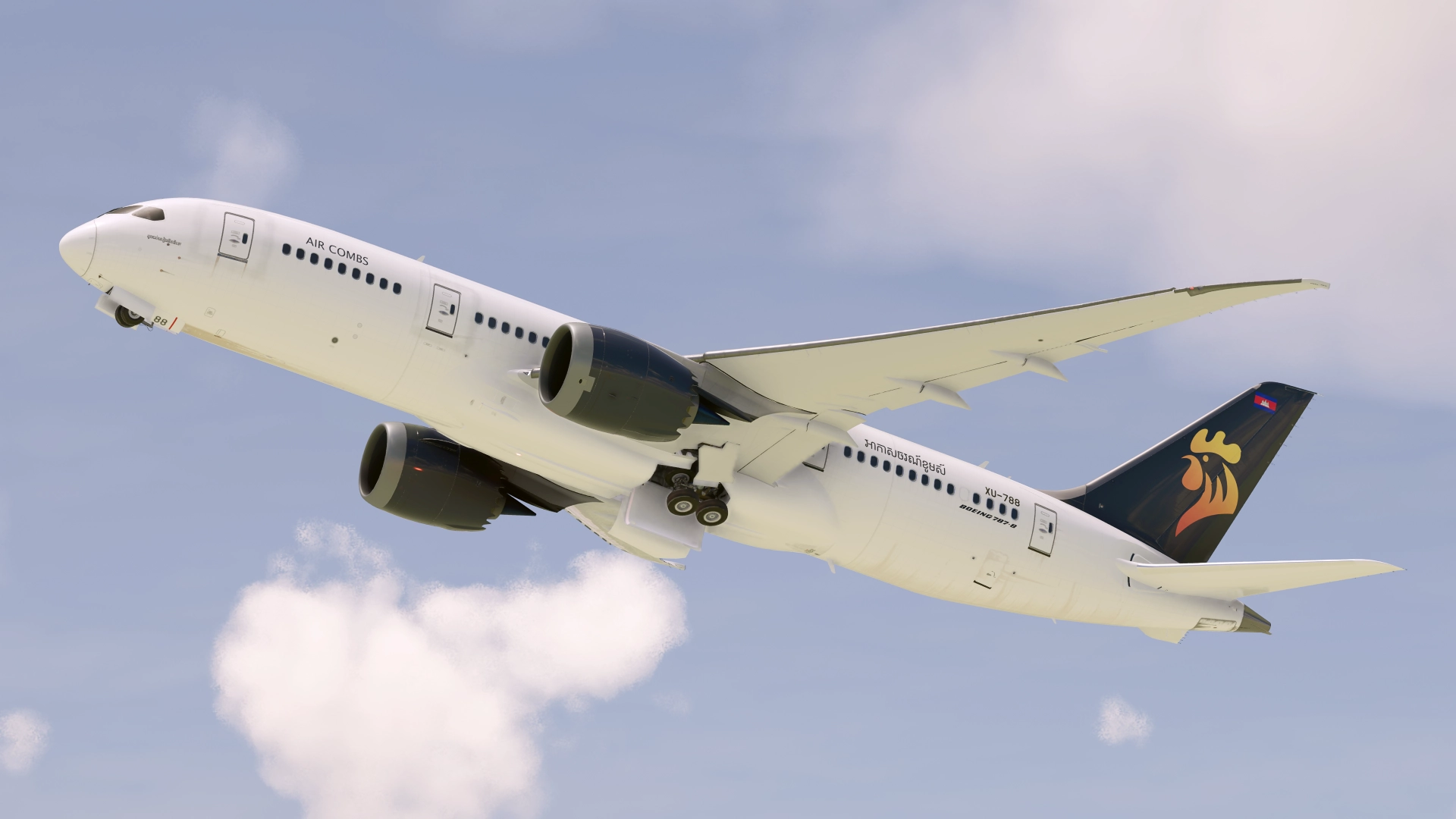 Air Combs Boeing 787-8 Dreamliner gear coming up after takeoff during the day