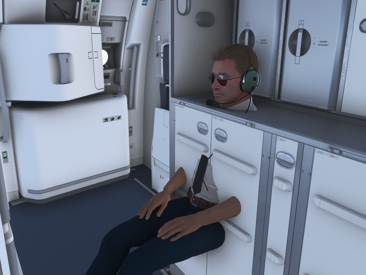 Air Combs pilot in the galley of an Airbus A350